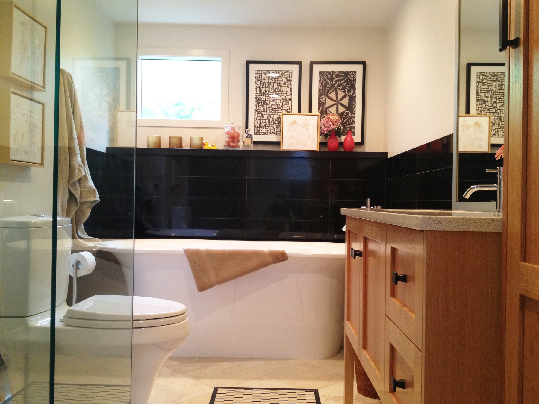 10 Elegant Brown And White Bathroom Ideas brown wooden bathroom vanity and white bathtub on the floor 2024