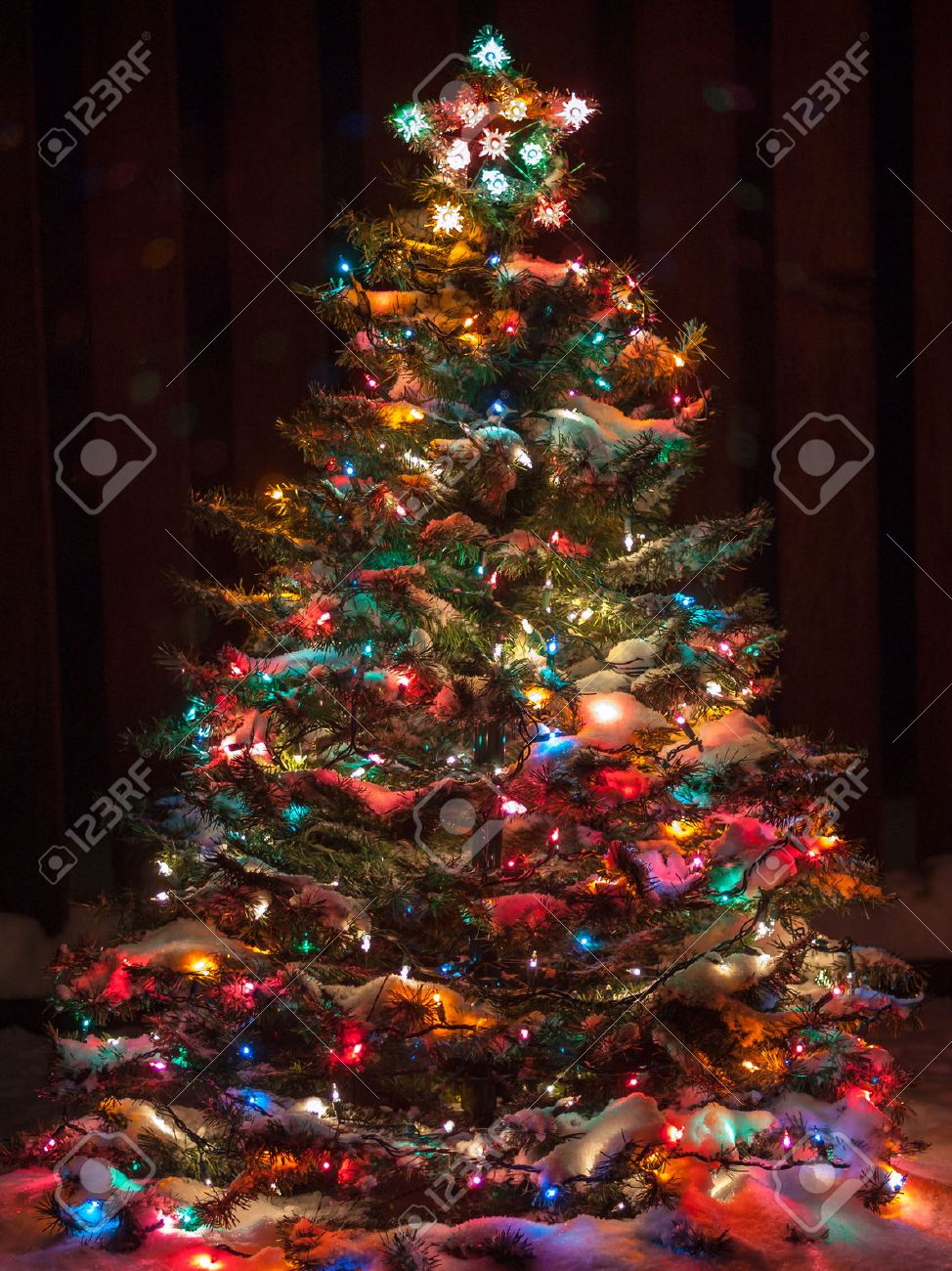 10 Elegant Christmas Tree Decorating Ideas With Multi Colored Lights snow covered christmas tree with multi colored lights stock photo 2024