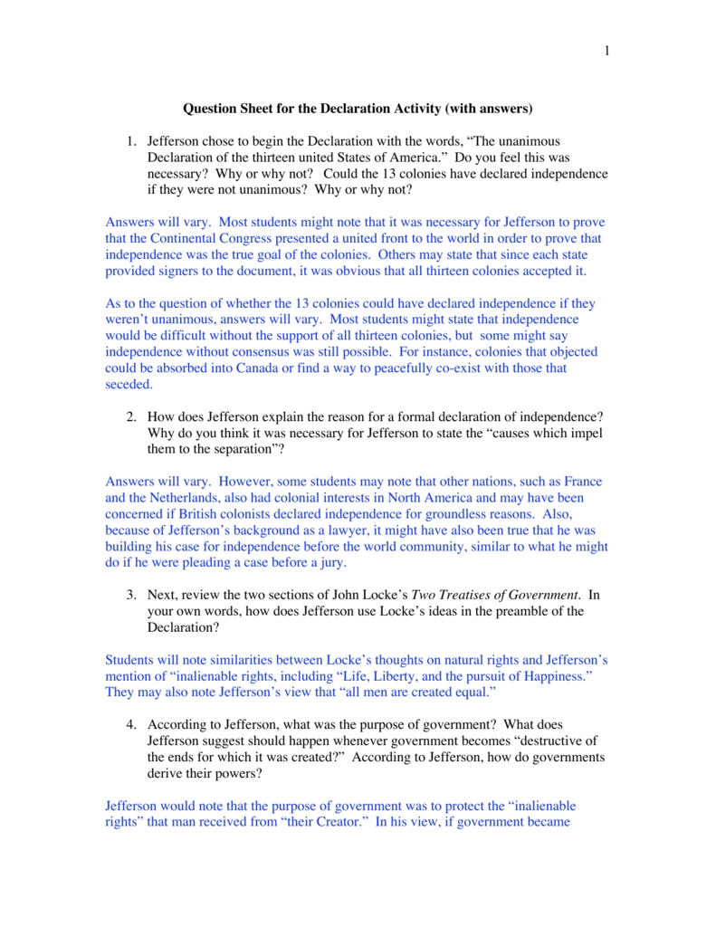 10 Wonderful Ideas In The Declaration Of Independence 1 question sheet for the declaration activity with answers 1 1 2022