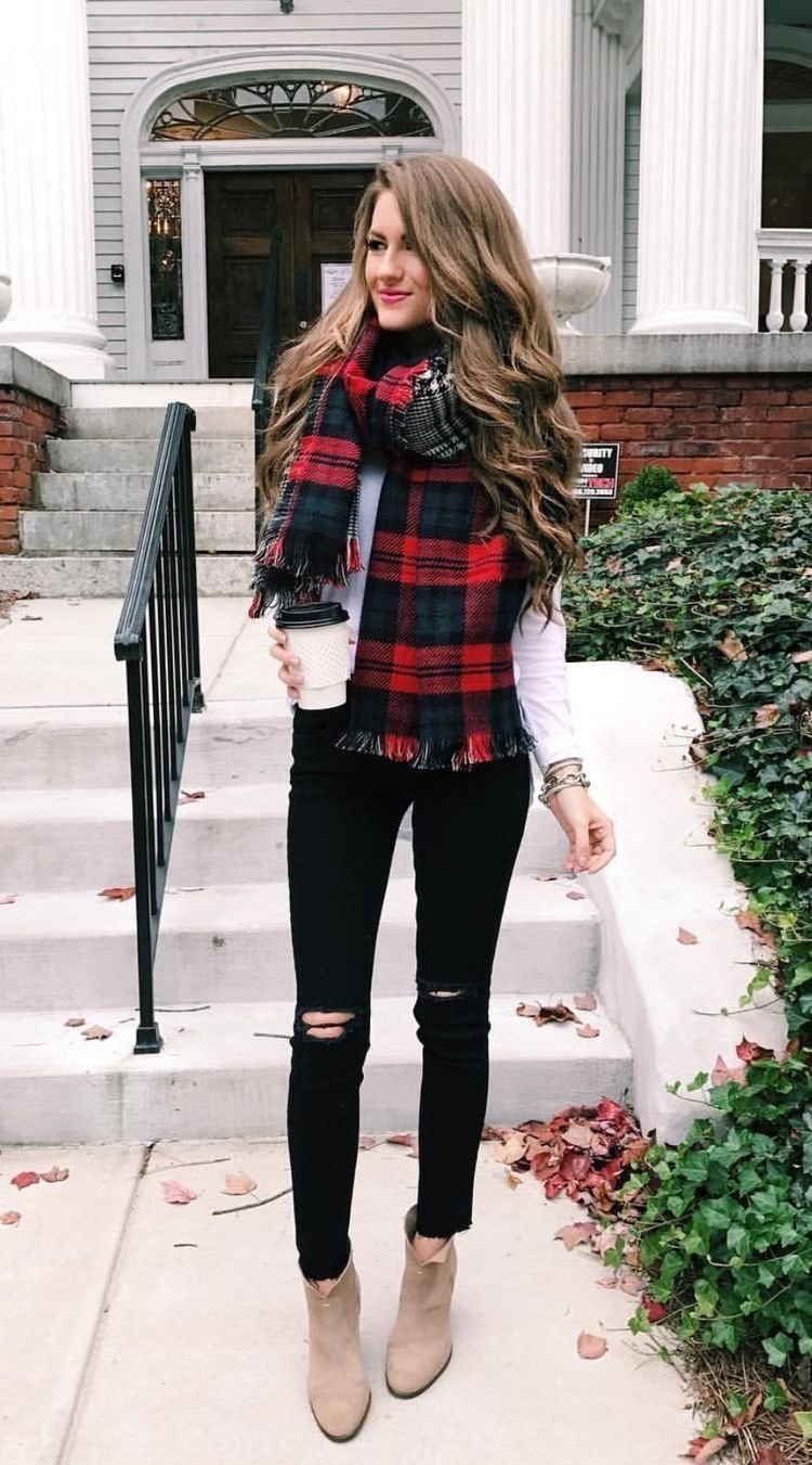 10 Famous Christmas Outfits For Women Ideas a plaid scarf makes an ordinary jeans and booties look festive for 2022