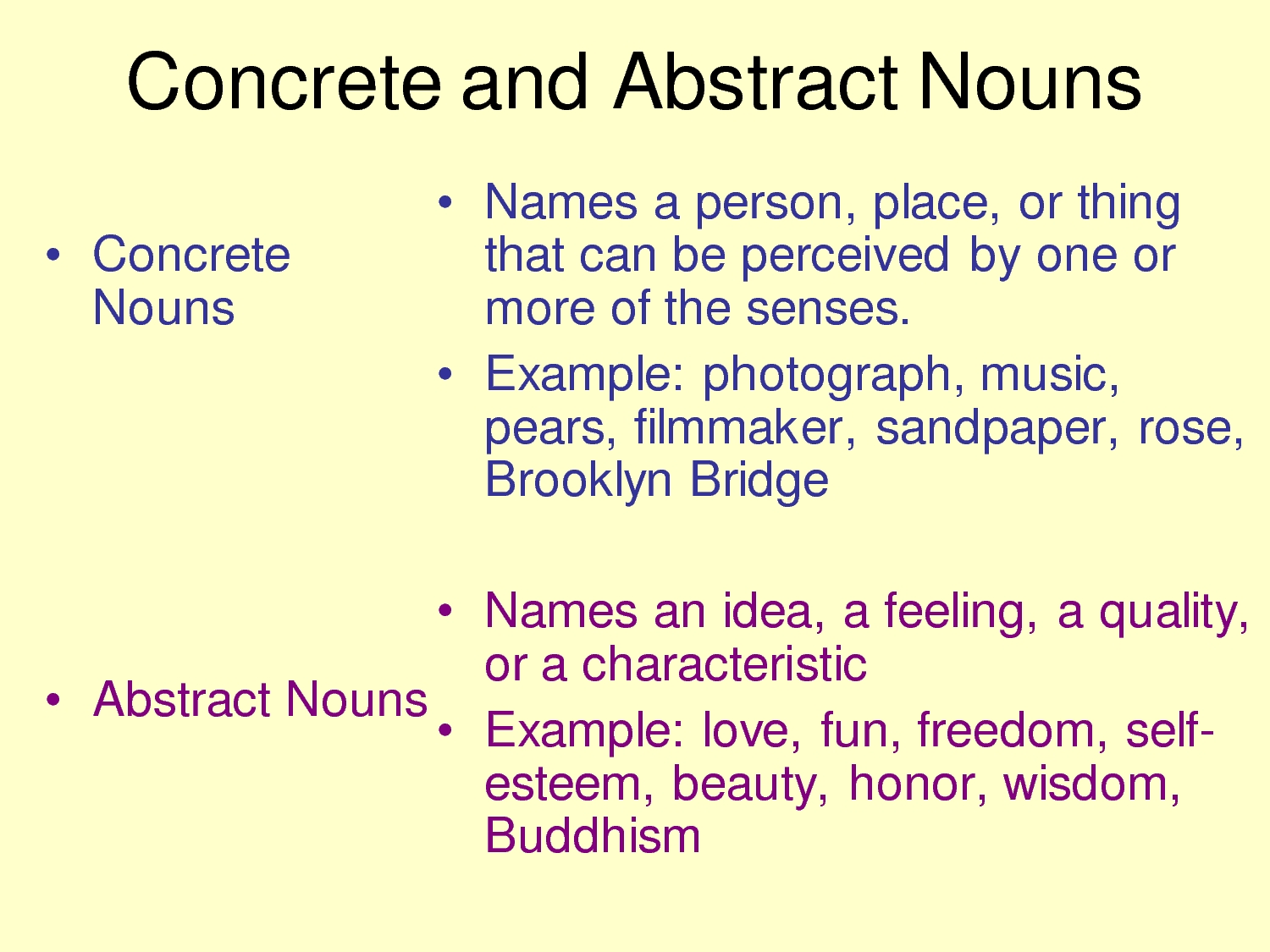 Concrete Vs Abstract Meaning Of Nouns Worksheet