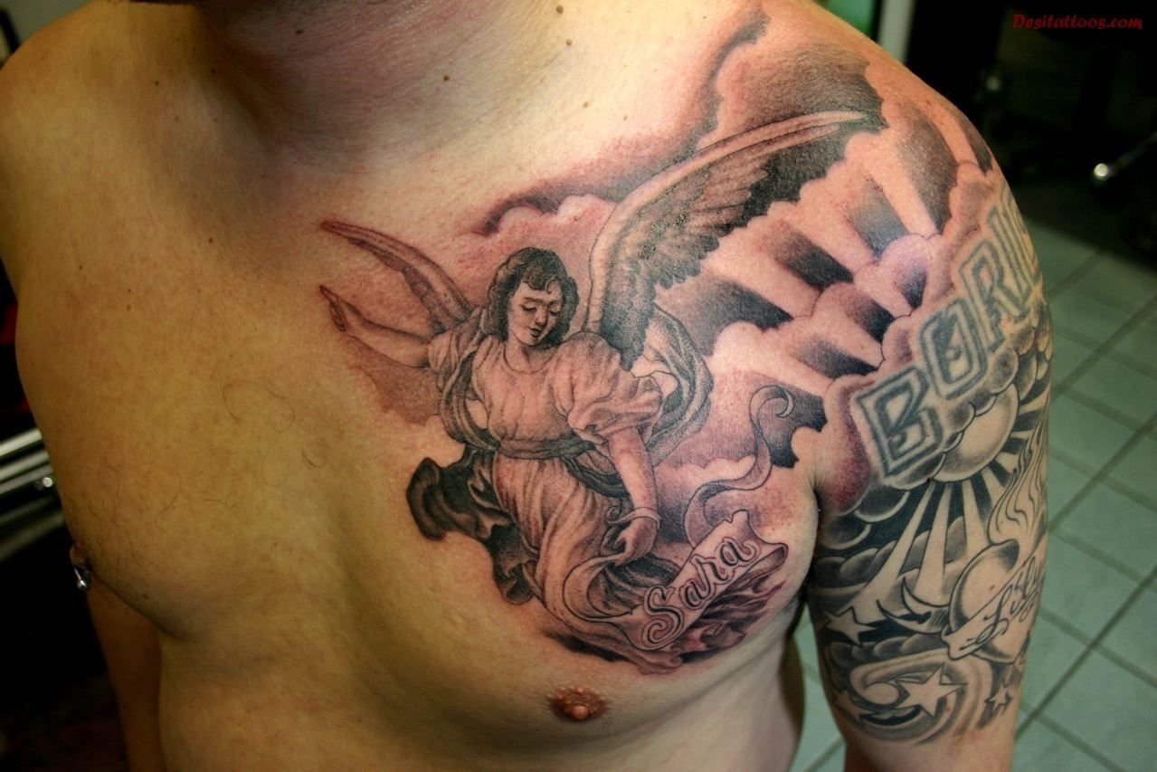 10 Nice Chest Tattoos For Men Ideas angel on shoulder creations pinterest angel warrior tattoo 1 2022