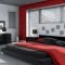 black white and red room decor • white bedroom design