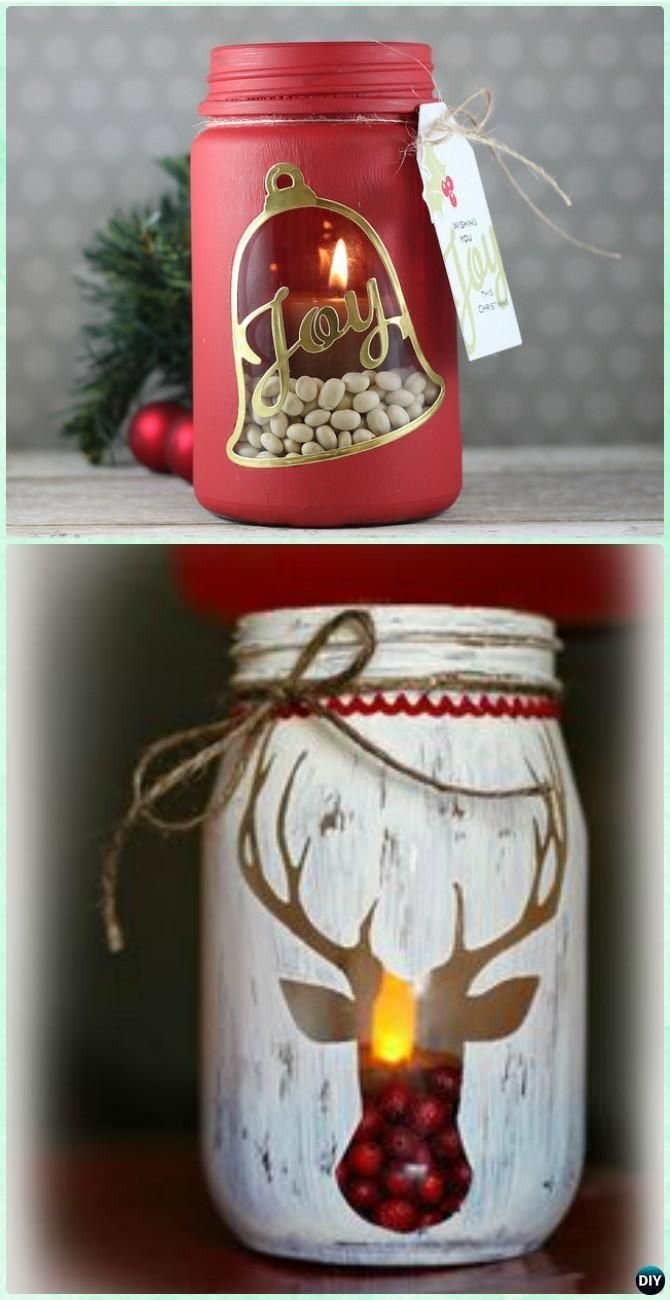 10 Pretty Craft Ideas With Mason Jars diy stenciled mason jar candle holder christmas lights instruction 1 2022