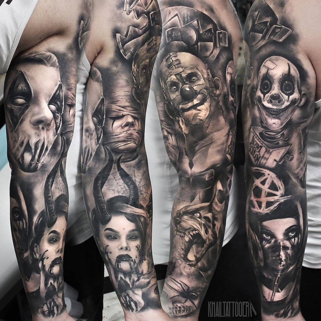 10 Unique Sleeve Tattoos Ideas For Guys horror sleeve with clowns beasts best tattoo design ideas 2022
