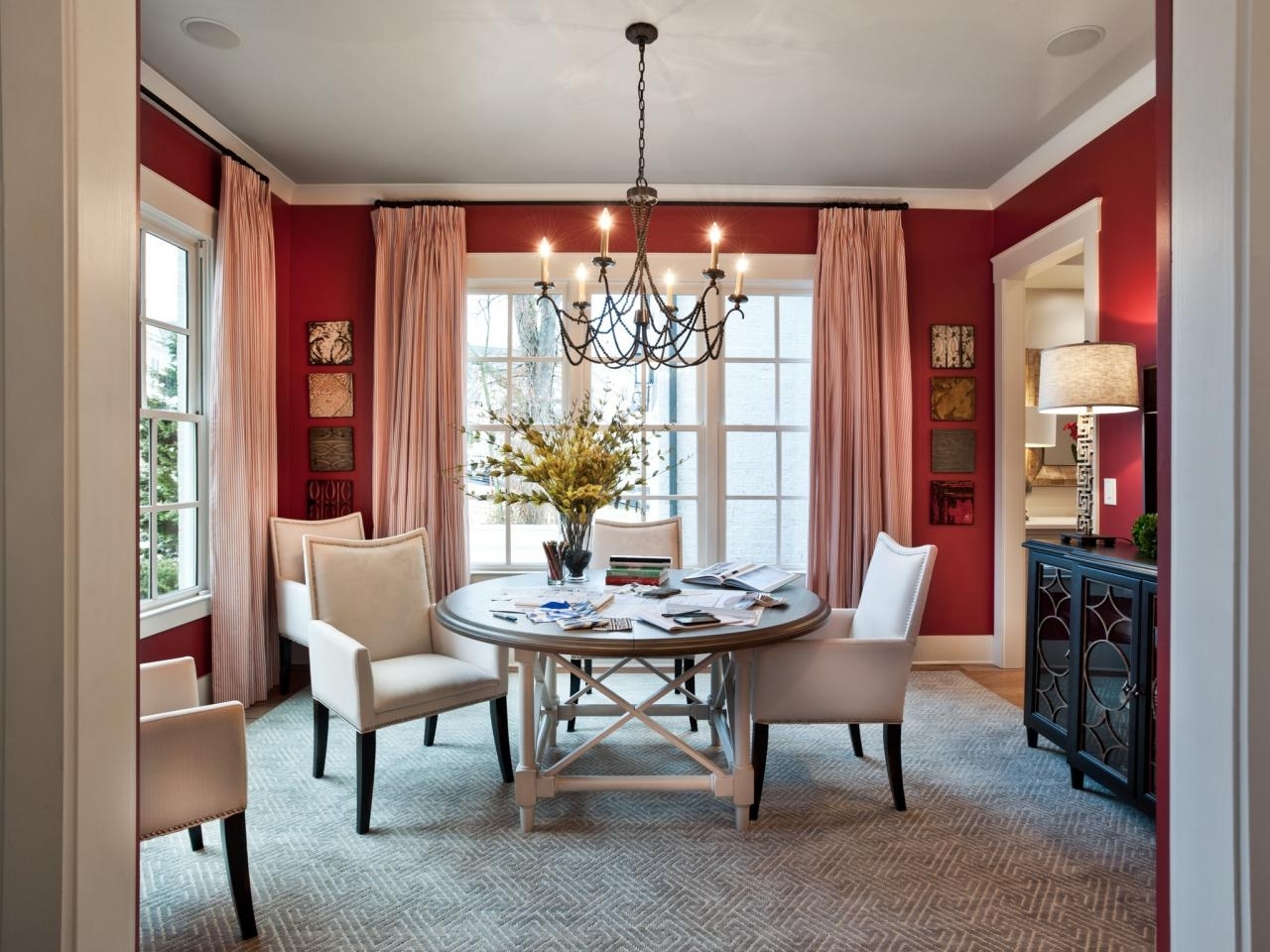 Green Dining Room With Brown Window Treatments