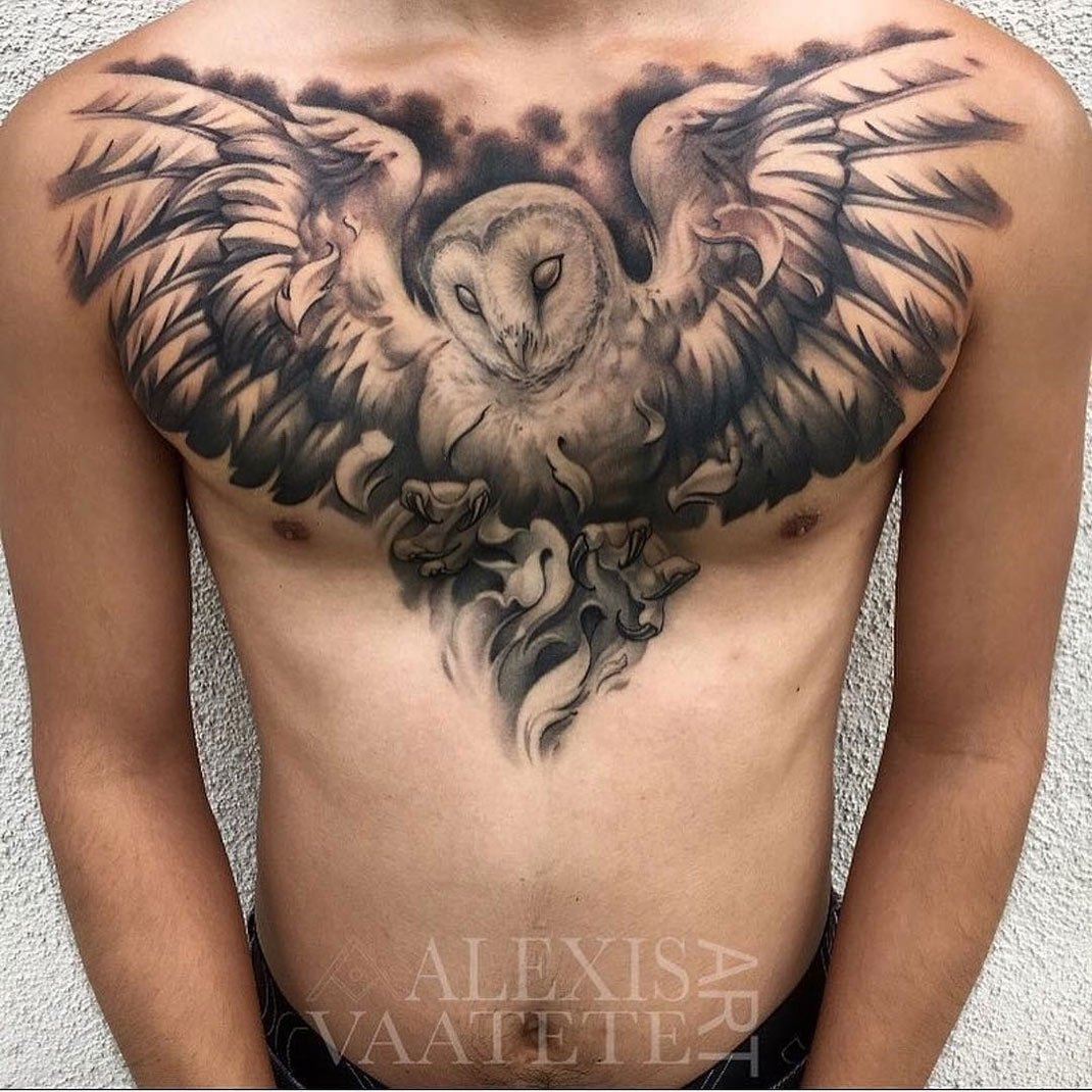 10 Nice Chest Tattoos For Men Ideas owl with wings spread mens chest tattoo best tattoo design ideas 2022