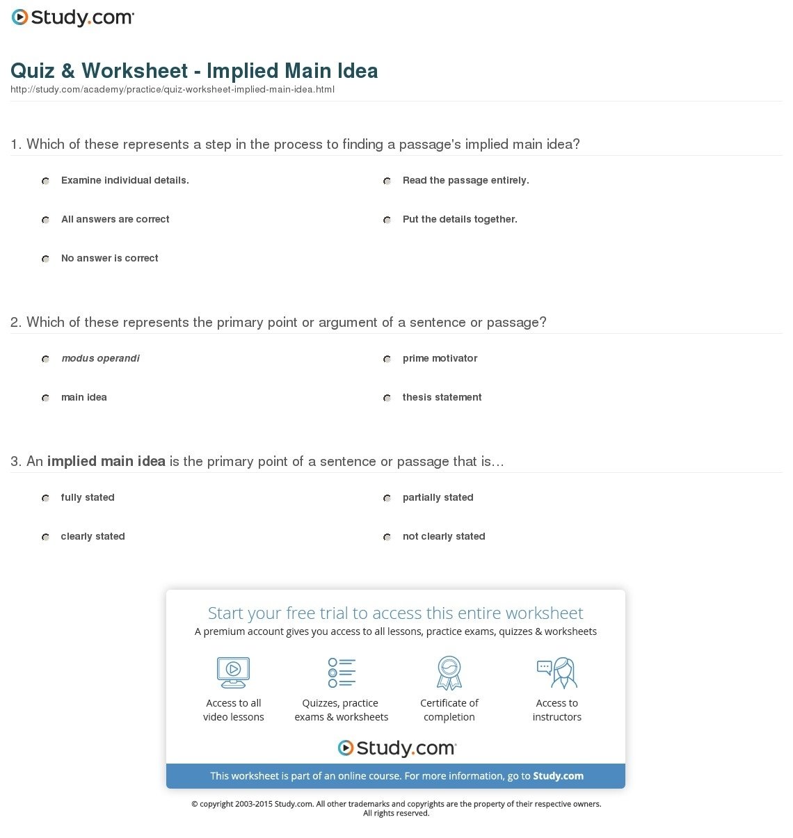 10 Most Recommended Find The Main Idea Worksheets quiz worksheet implied main idea study 10 2022