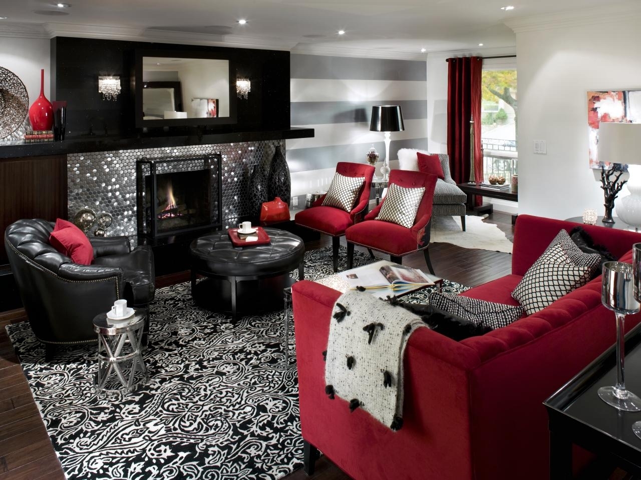 White Living Room Red Black Wall Decor