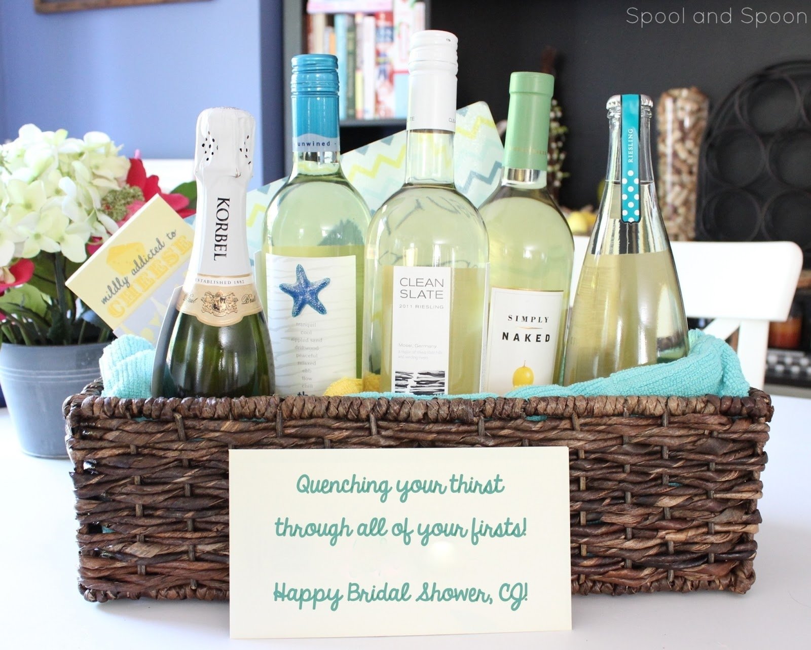 10 Ideal Bridal Shower Gift Basket Ideas spool and spoon all of your firsts wine gift basket with tags 2022