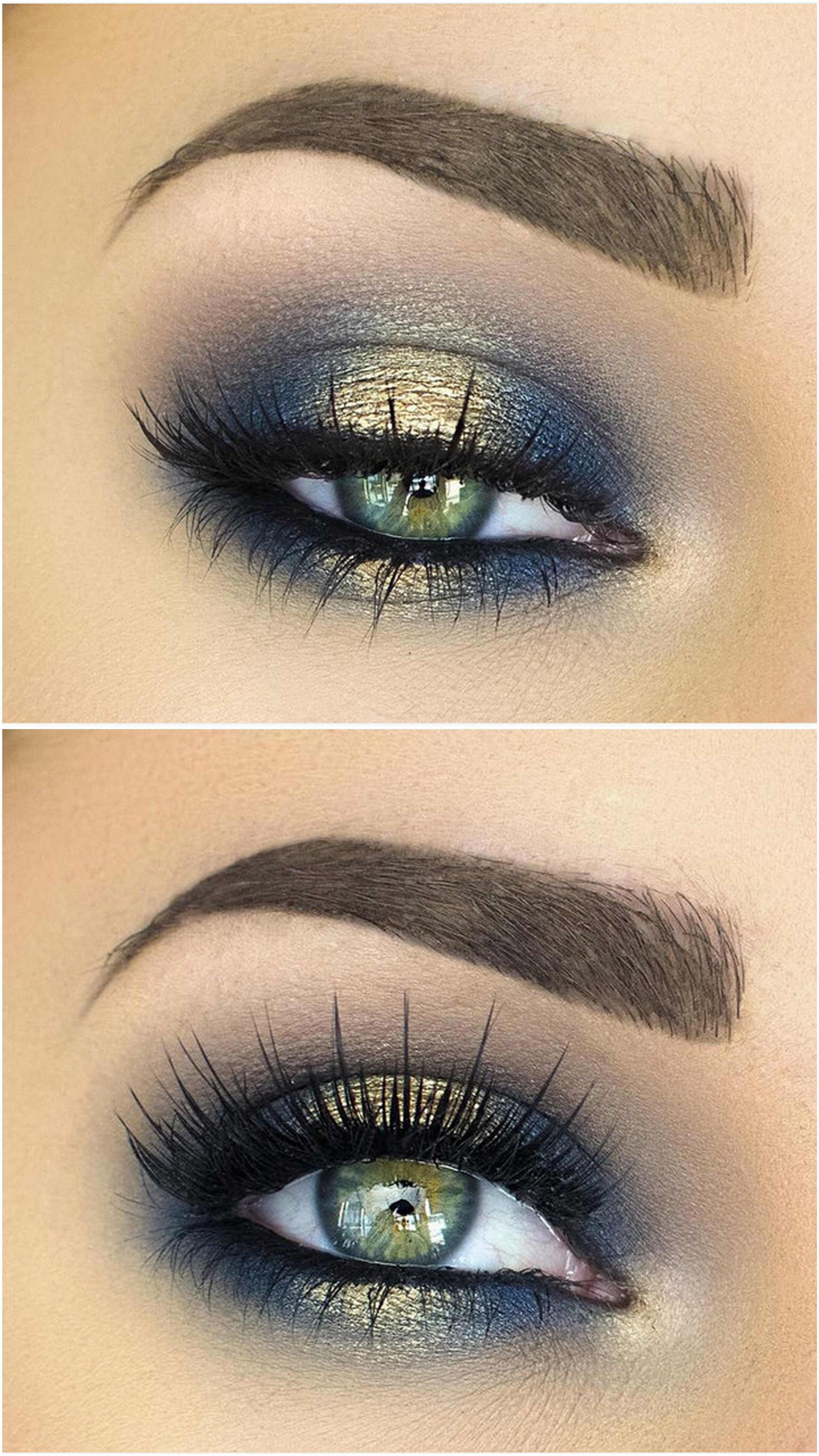 10 Stylish Eye Makeup Ideas For Hazel Eyes spotlight halo smokey eye in navy blue gold makeup 3 2022