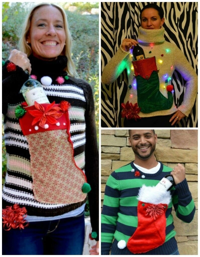 10 Lovable Ugly Xmas Sweater Party Ideas ugly sweater wine holdersew on a stocking holiday family 1 2022